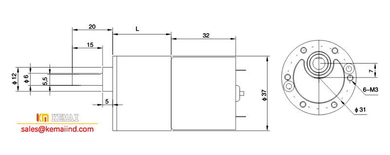 Geared DC Motor KM37-30C Size